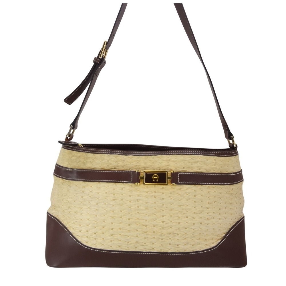 Vintage Etienne Aigner Shoulder Bag Medium Brown Beige Good Woven Leather Straw